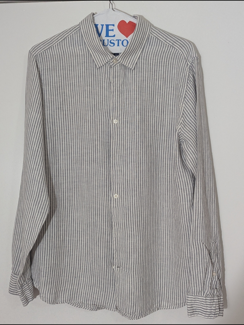 GAP Men's Grey and White Vertical Stripe Button-Down Shirt 100% Linen